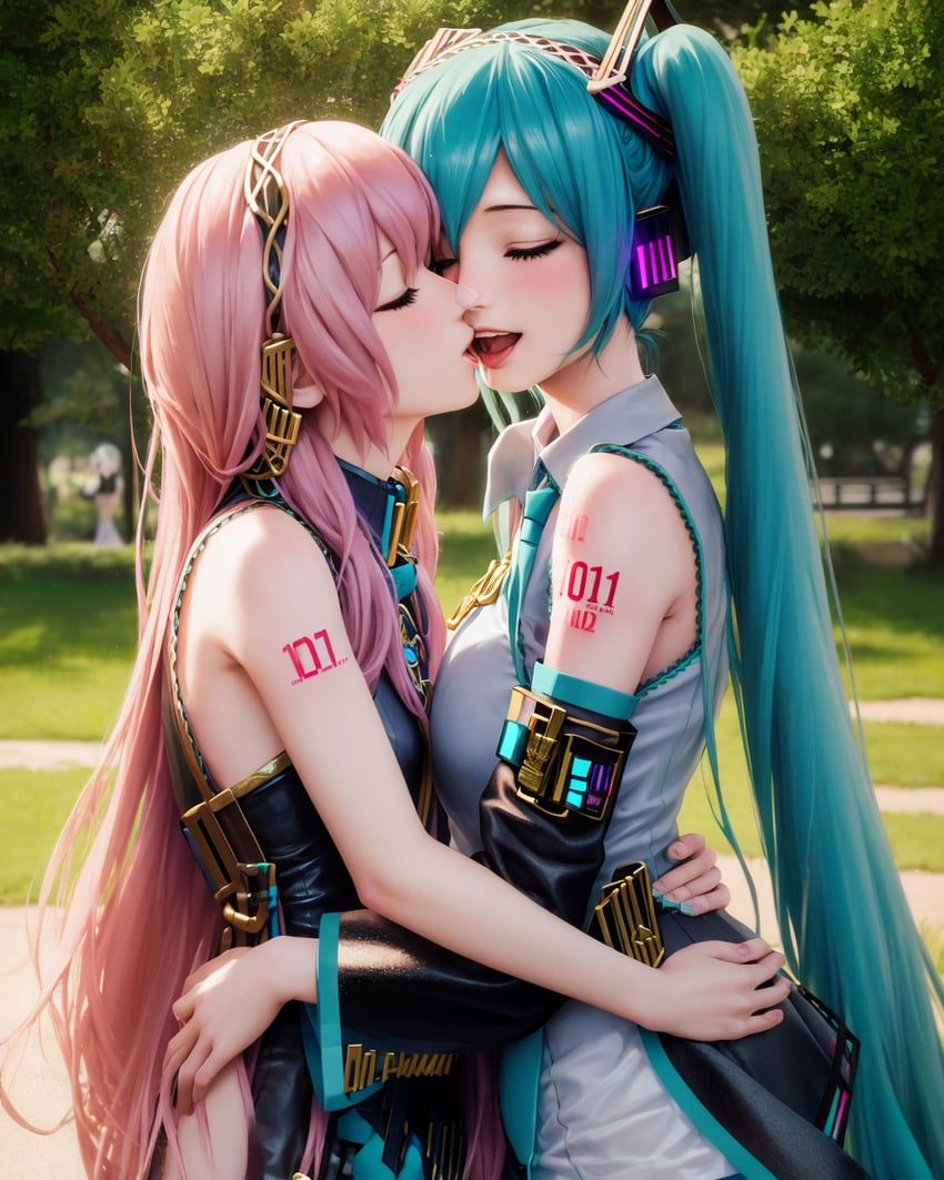 2girls, abyss_orange_mix, bad_hands, bare_shoulders, blue_hair, blurry, blurry_background, blush, breasts, closed_eyes, collared_shirt, cowboy_shot, detached_sleeves, error, glowing, hatsune_miku, headphones, hug, kiss, lone_nape_hair, long_hair, medium_breasts, megurine_luka, merged_model, multiple_girls, necktie, non-web_source, outdoors, park, pink_hair, realistic, self-upload, shirt, small_breasts, tattoo, undi, very_long_hair, vocaloid, yuri