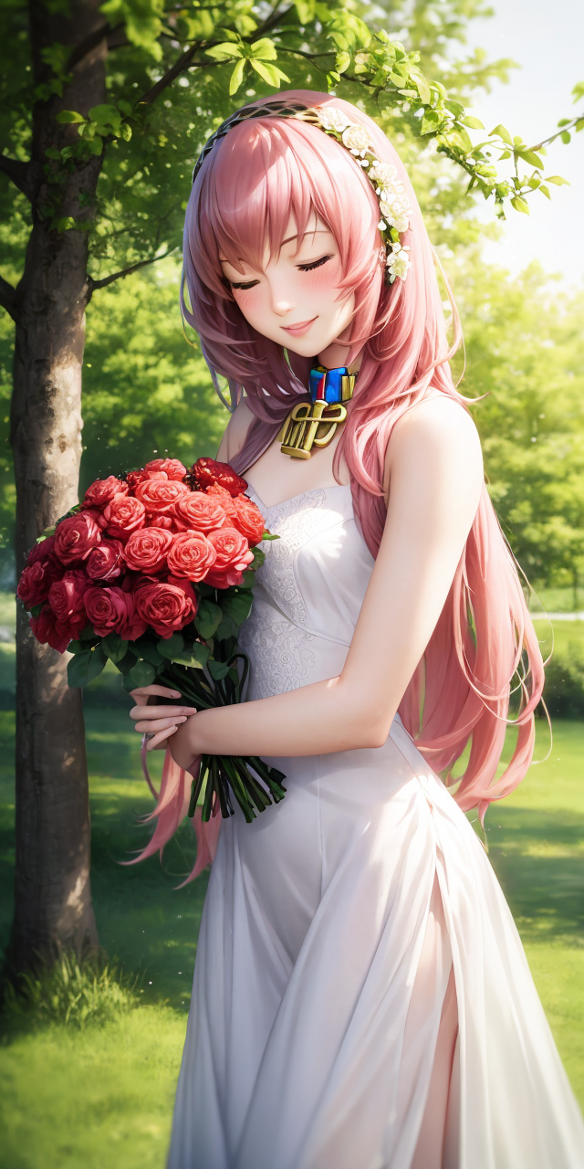 1girl, abyss_orange_mix, bouquet, closed_eyes, day, dress, flower, holding, holding_bouquet, long_hair, megurine_luka, merged_model, non-web_source, outdoors, pink_hair, plant, rose, sleeveless, solo, undi, vocaloid, white_dress