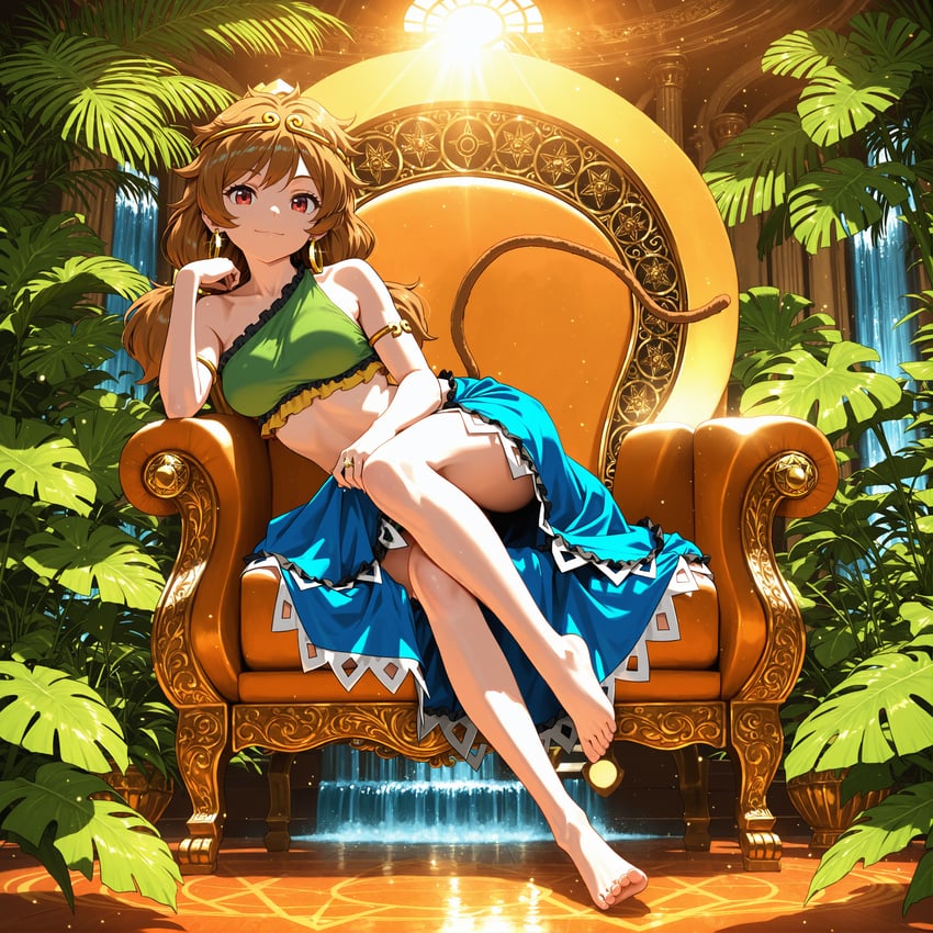 1girl, absurdres, bare_arms, bare_legs, bare_shoulders, barefoot, blue_skirt, brown_hair