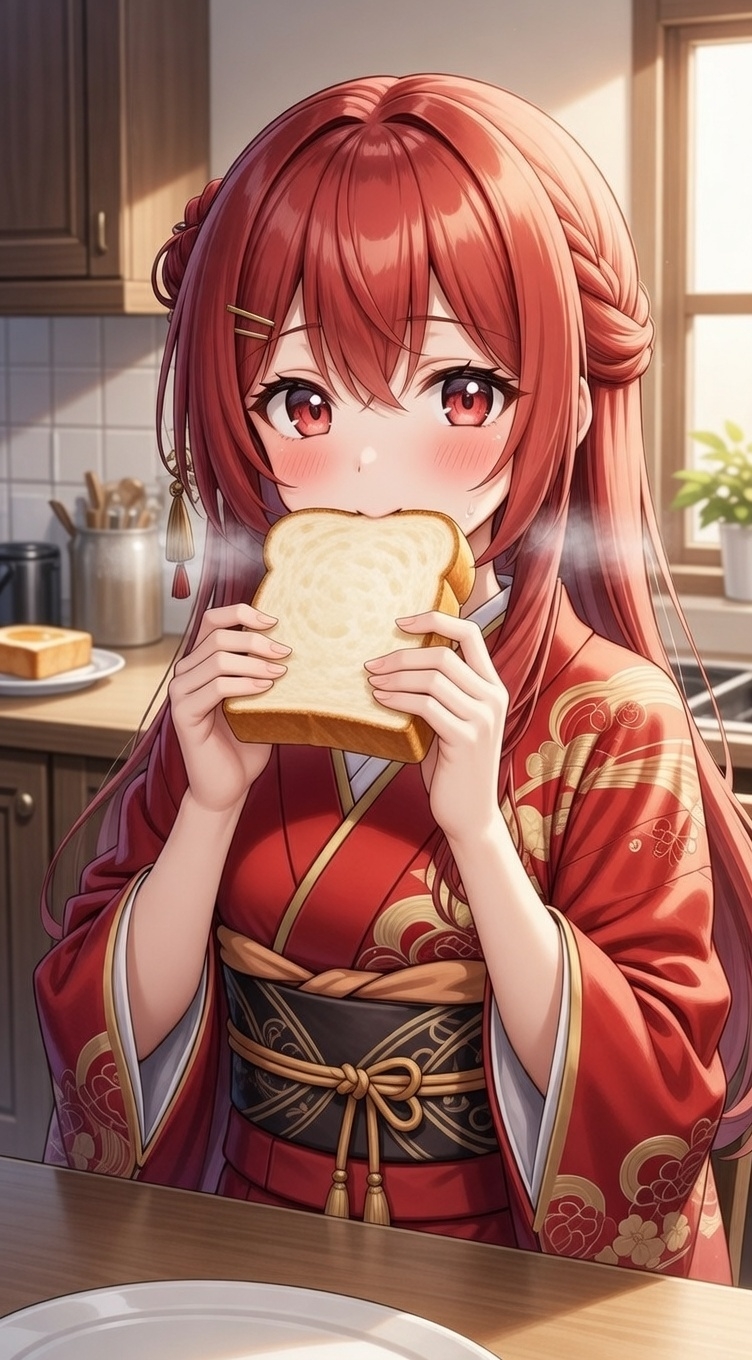 1girl, bangs, blush, bread, cabinet, commentary_request, crossed_bangs, day