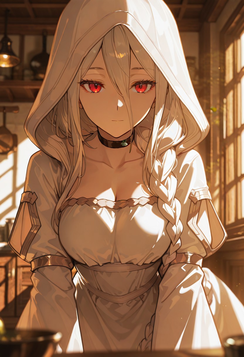 1girl, bangs, black_choker, blurry, blurry_background, blurry_foreground, blush, bowl