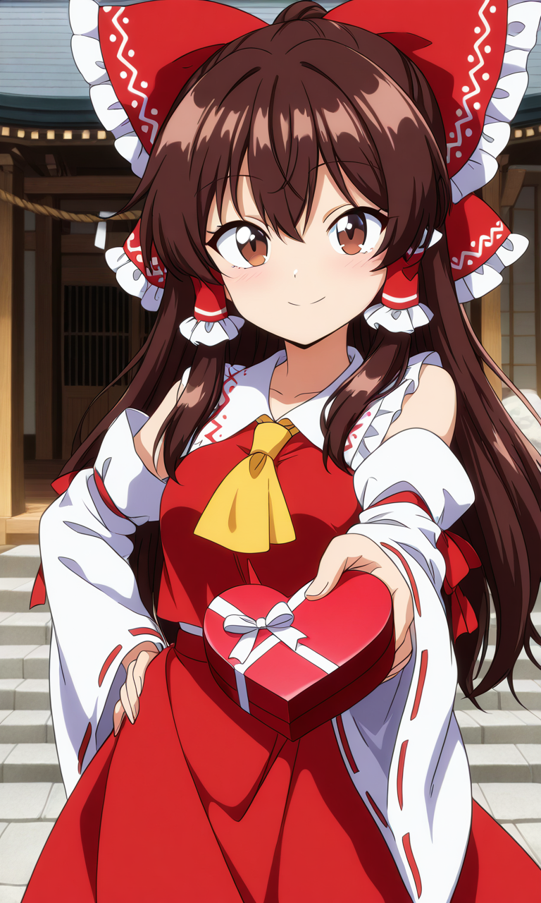 1girl, ascot, bow, box, box_of_chocolates, brown_eyes, brown_hair, closed_mouth
