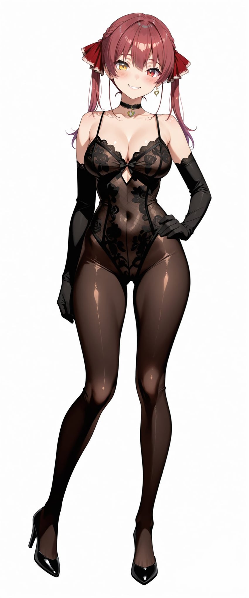 1girl, :d, arm_behind_back, ass_visible_through_thighs, bare_shoulders, black_choker, black_footwear, black_gloves