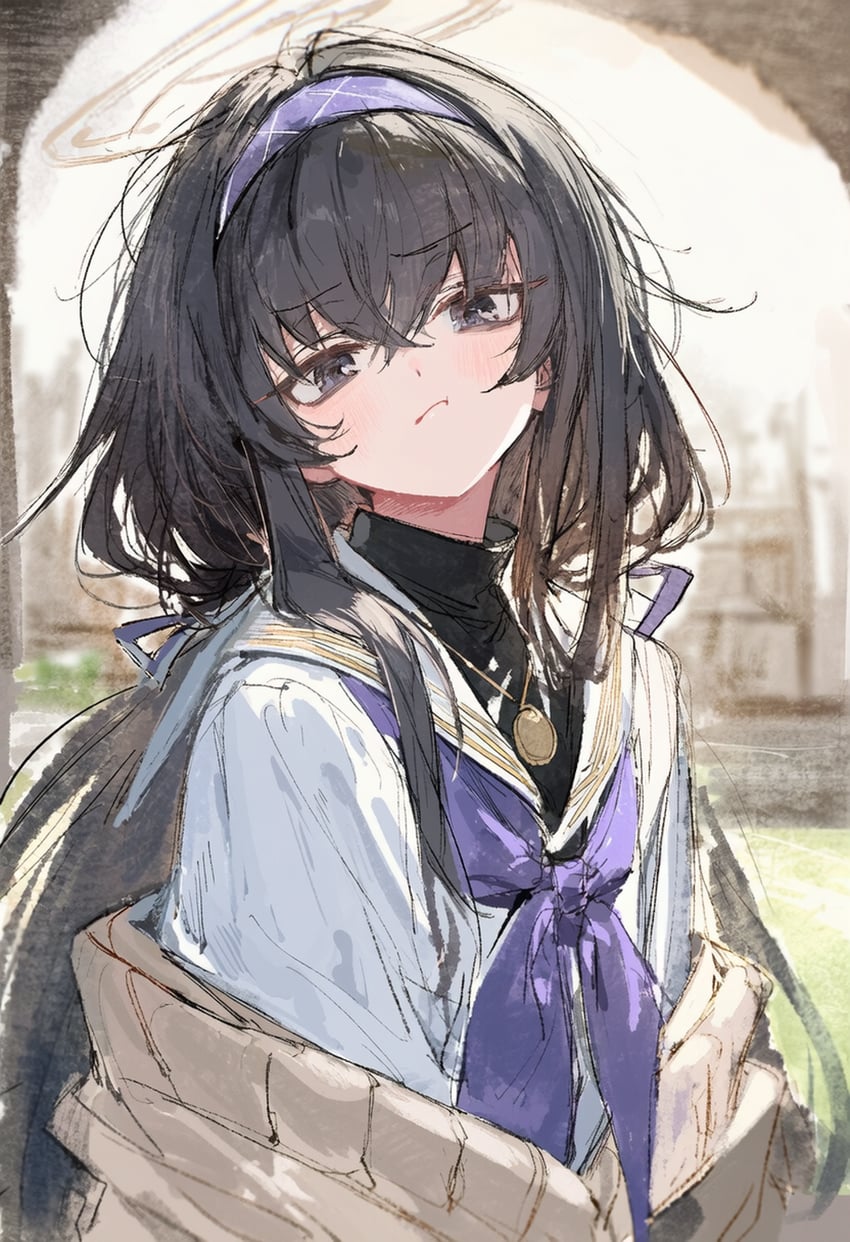 1girl, bags_under_eyes, bangs, black_eyes, black_hair, blue_archive, blue_hairband, blue_neckerchief