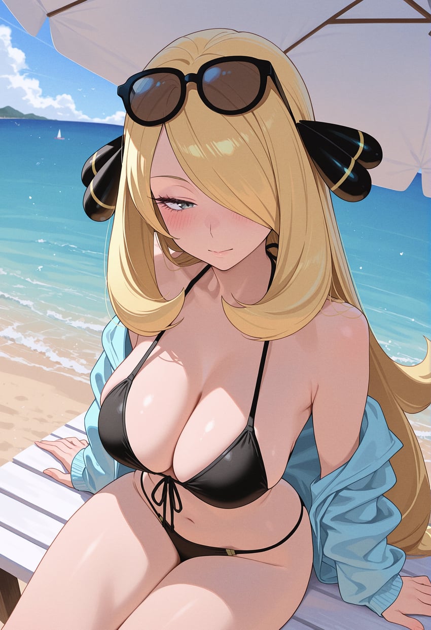 1girl, absurdres, bangs, bare_shoulders, beach, beach_umbrella, bikini, black_bikini