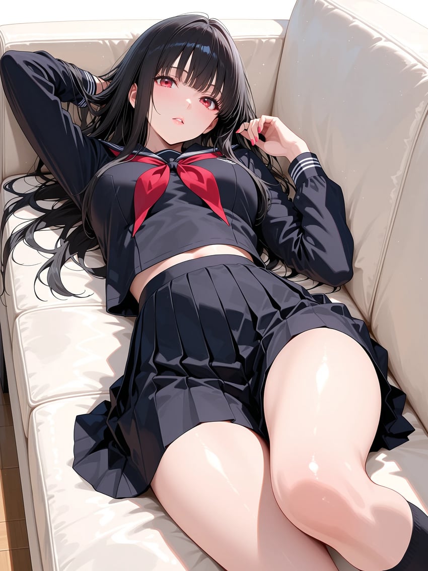 1girl, bangs, black_hair, black_serafuku, black_socks, blunt_bangs, blush, breasts