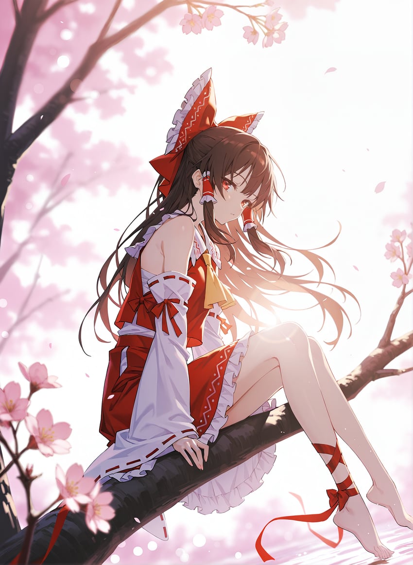 1girl, absurdres, ascot, bow, breasts, brown_hair, cherry_blossoms, chest_sarashi