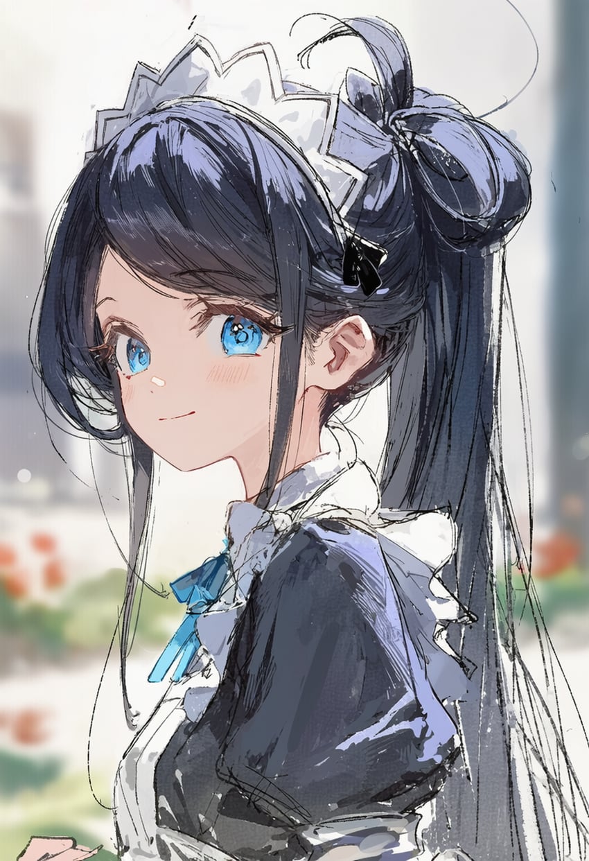 1girl, apron, aris_(blue_archive), aris_(maid)_(blue_archive), black_dress, black_hair, blue_archive, blue_eyes