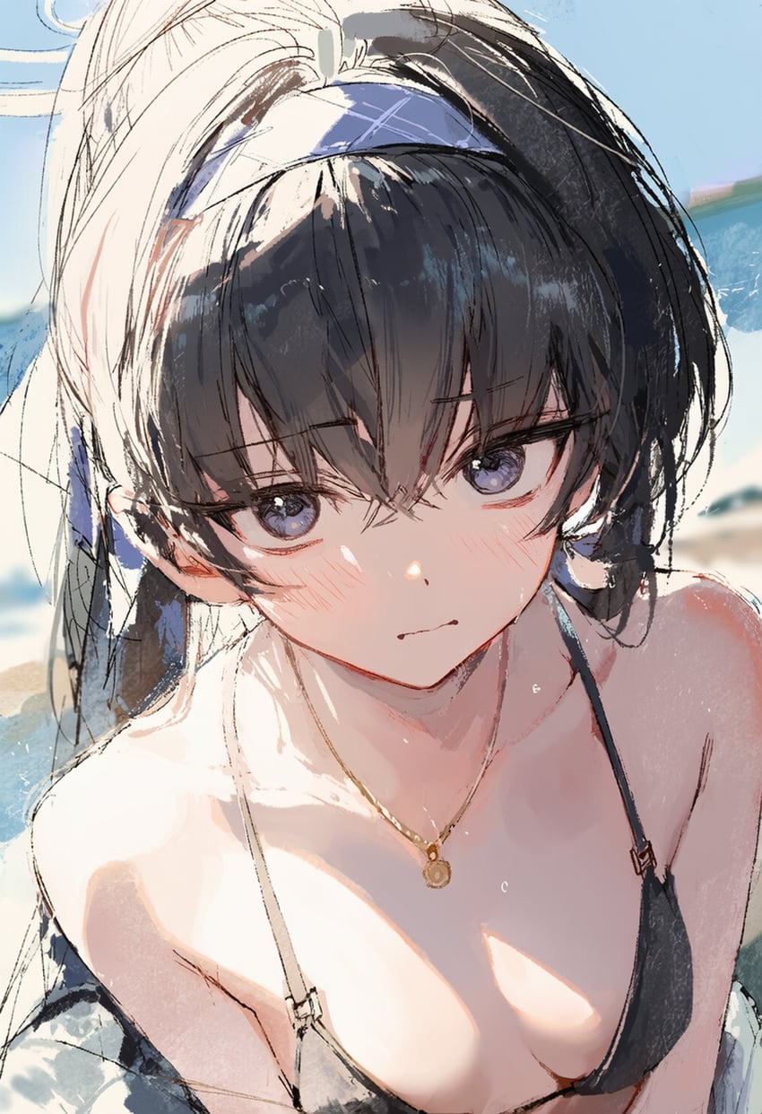1girl, bags_under_eyes, bangs, bare_shoulders, beach, bikini, black_bikini, black_hair