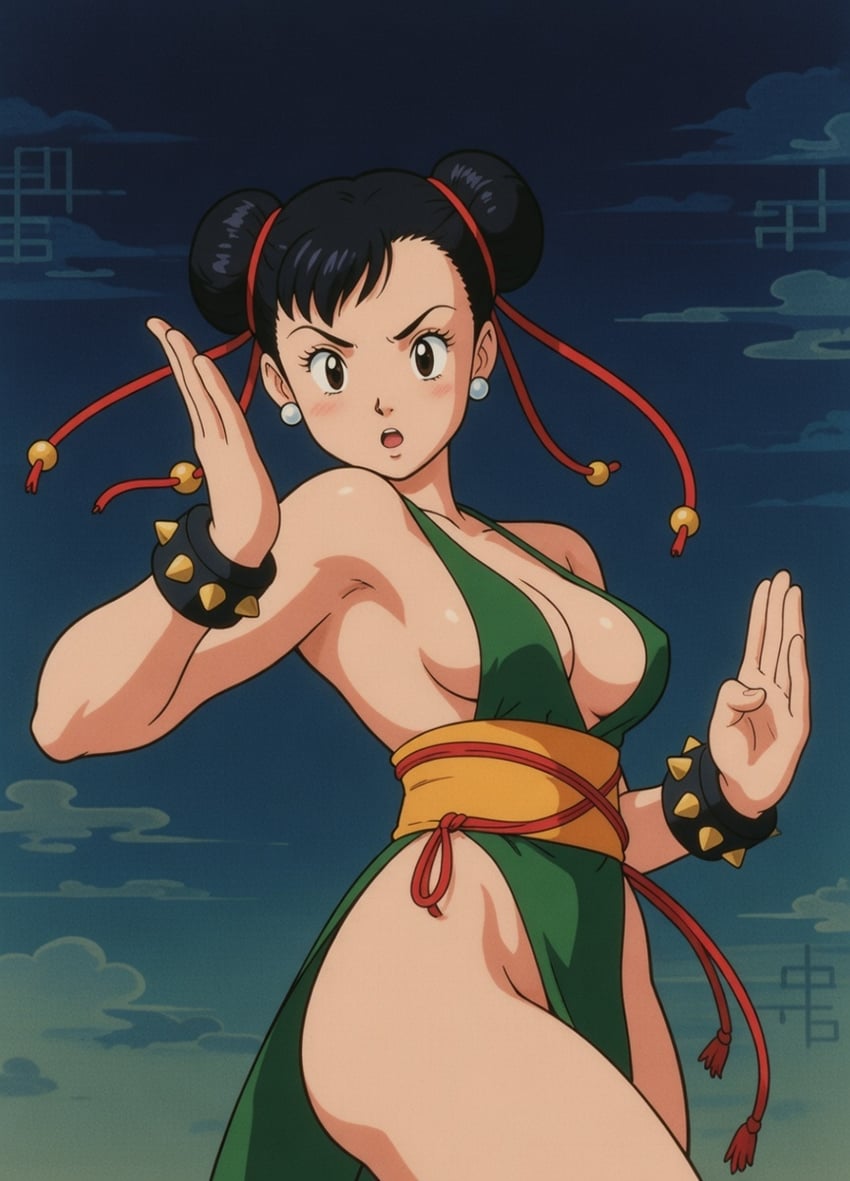 1girl, anime_screencap_style, anime_style, bare_legs, bare_shoulders, black_hair, blush, bracelet