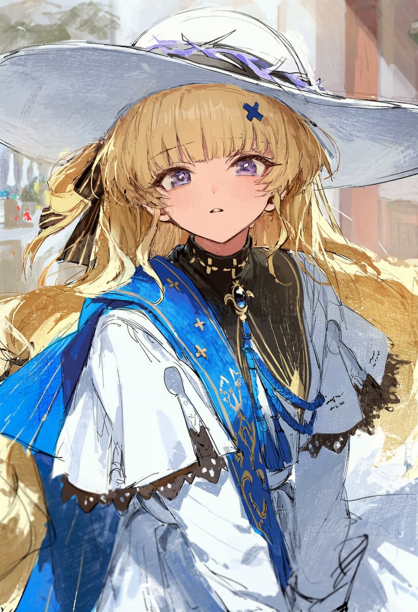 1girl, bangs, blonde_hair, blue_gemstone, blue_sash, blunt_bangs, brooch, coring_x