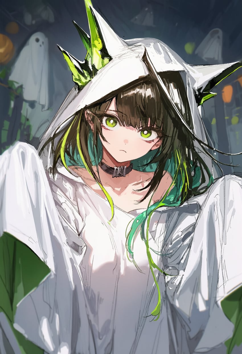 1girl, animal_ears, arknights, belt_collar, black_collar, black_hair, bright_pupils, brown_hair