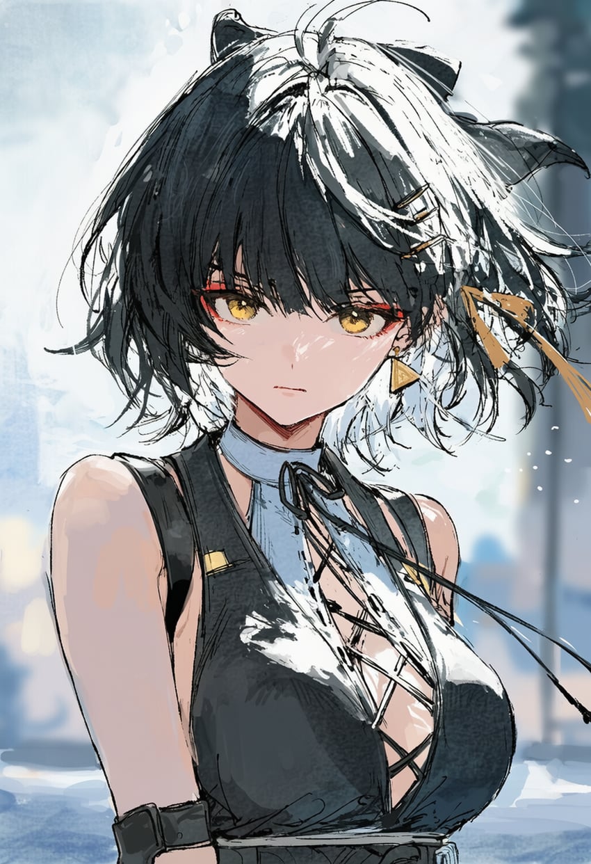 1girl, arm_strap, bare_shoulders, black_bow, black_hair, black_ribbon, blurry, blurry_background