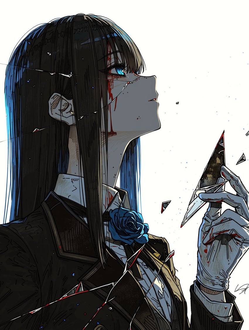 1girl, black_hair, black_suit, blood, blood_on_face, blue_eyes, blue_flower, blue_rose, broken_glass, character_request, copyright_request, flower, formal, from_side, glass, glass_shards, gloves, long_hair, looking_up, nekowho2, parted_lips, profile, rose, shirt, simple_background, solo, suit, upper_body, white_background, white_gloves, white_shirt