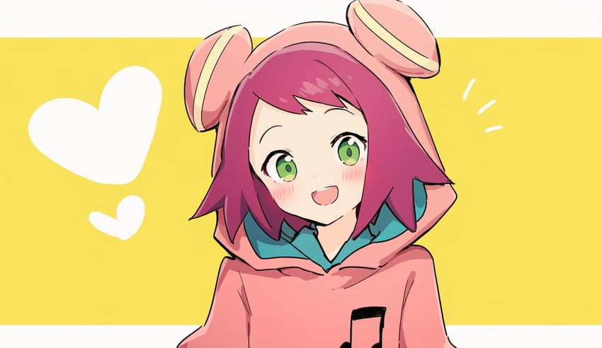 1girl, :d, blush, excited, green_eyes, heart, hood, hood_up