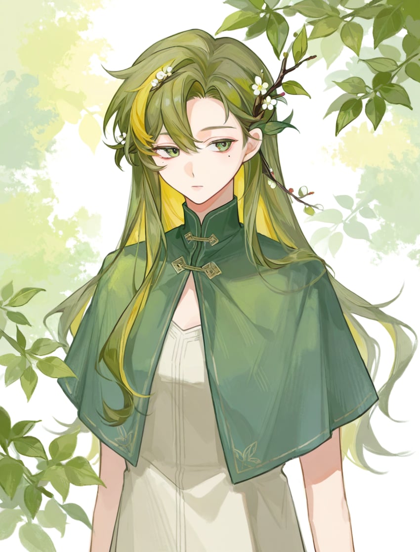 1girl, arms_at_sides, bangs, blonde_hair, blurry, blurry_background, branch, branch_horns, breasts, capelet, cleavage, cleavage_cutout, closed_mouth, clothing_cutout, colored_inner_hair, dress, emilymars, expressionless, eyebrows_visible_through_hair, flower, frown, green_capelet, green_eyes, green_hair, hair_between_eyes, hair_flower, hair_ornament, hair_over_shoulder, leaf, lips, long_hair, looking_to_the_side, mole, mole_under_eye, multicolored_hair, original, parted_bangs, self-upload, sidelighting, sidelocks, small_breasts, solo, streaked_hair, tree, upper_body, white_background, white_dress, white_flower