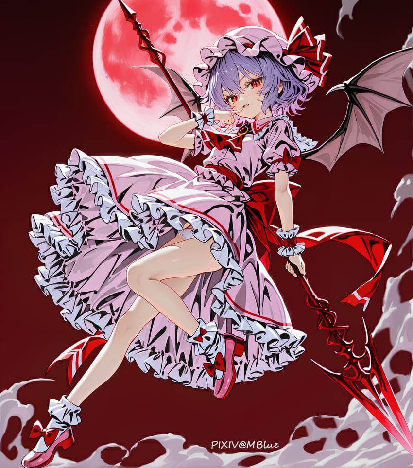 1girl, absurdres, ascot, back_bow, bat_wings, bow, breasts, brooch