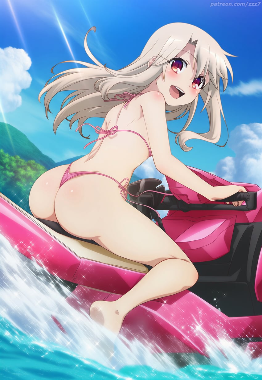 1girl, :d, ass, bikini, blonde_hair, blue_sky, blush, cloud