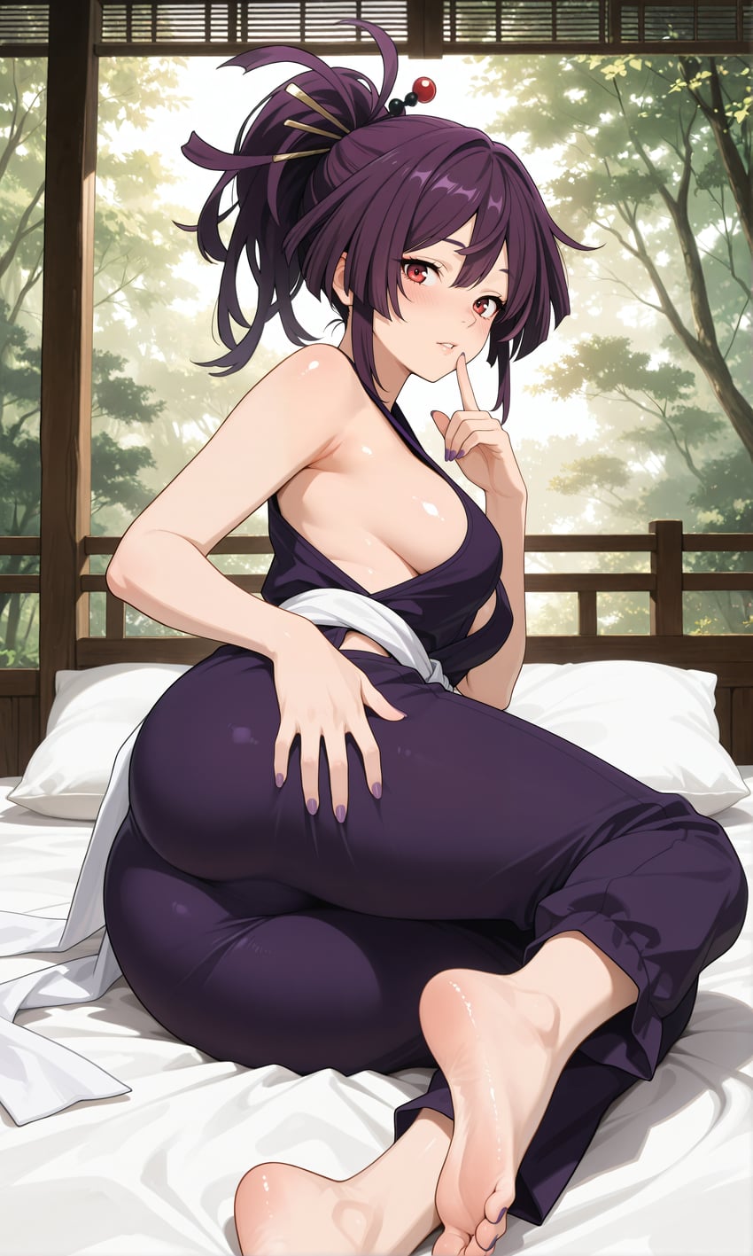 1girl, absurdres, barefoot, breasts, edward_no_genso, hair_up, hand_on_own_thigh, hand_up