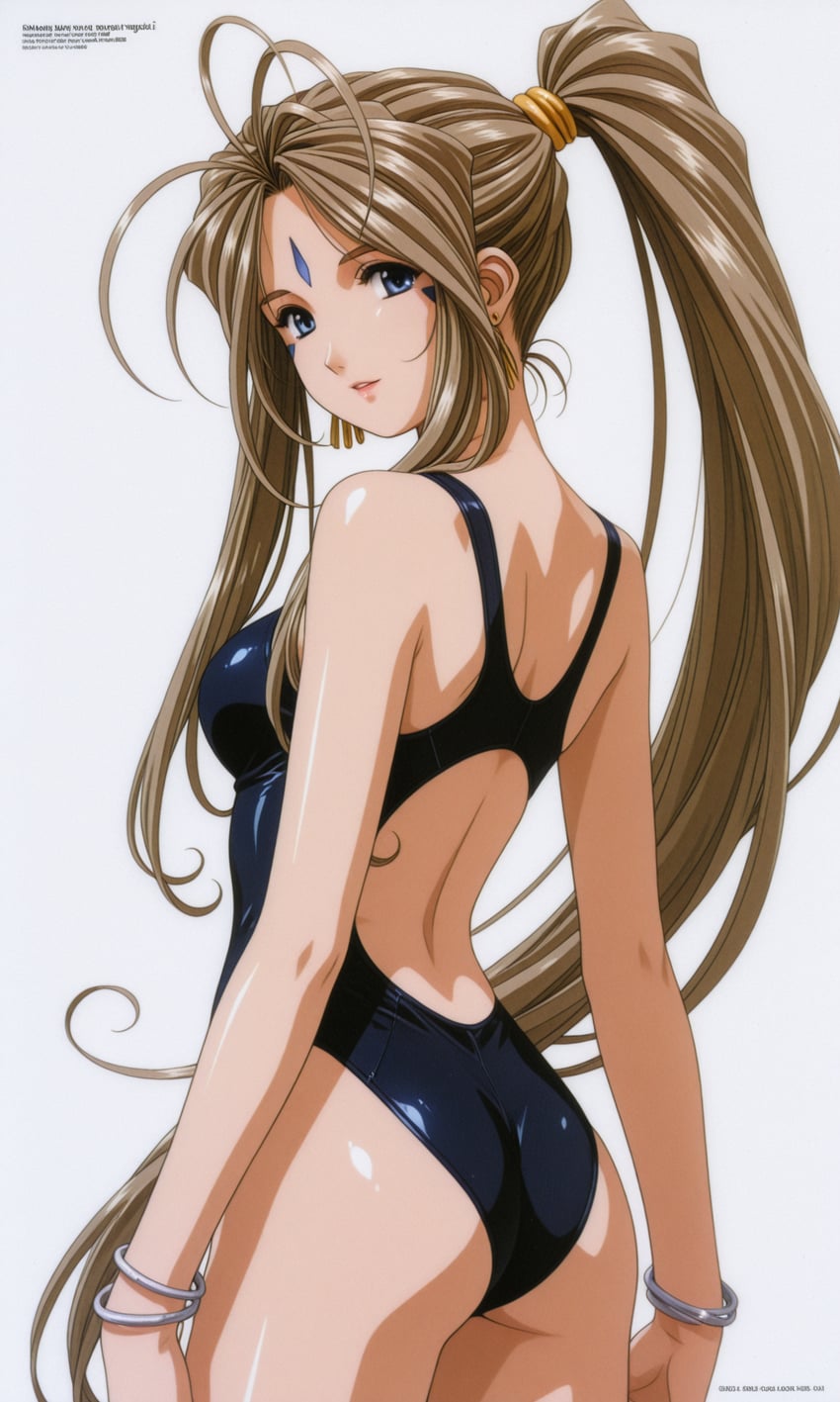 1girl, aa_megami-sama, antenna_hair, bangle, belldandy, blue_eyes, bracelet, breasts
