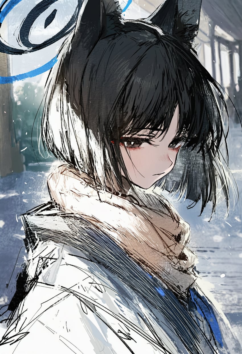 1girl, animal_ears, black_eyes, black_hair, blue_archive, blue_halo, bright_pupils, cat_ears