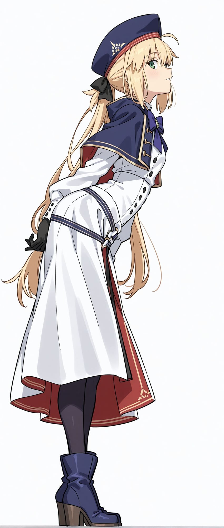 1girl, arms_behind_back, artoria_pendragon_(fate), blonde_hair, blue_capelet, blue_footwear, blue_headwear, boots