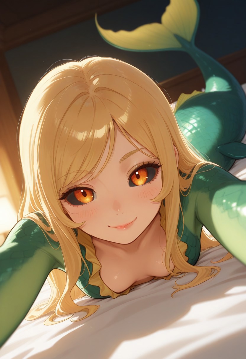 1girl, bangs, bed, bed_sheet, black_sclera, blonde_hair, blurry, blurry_background