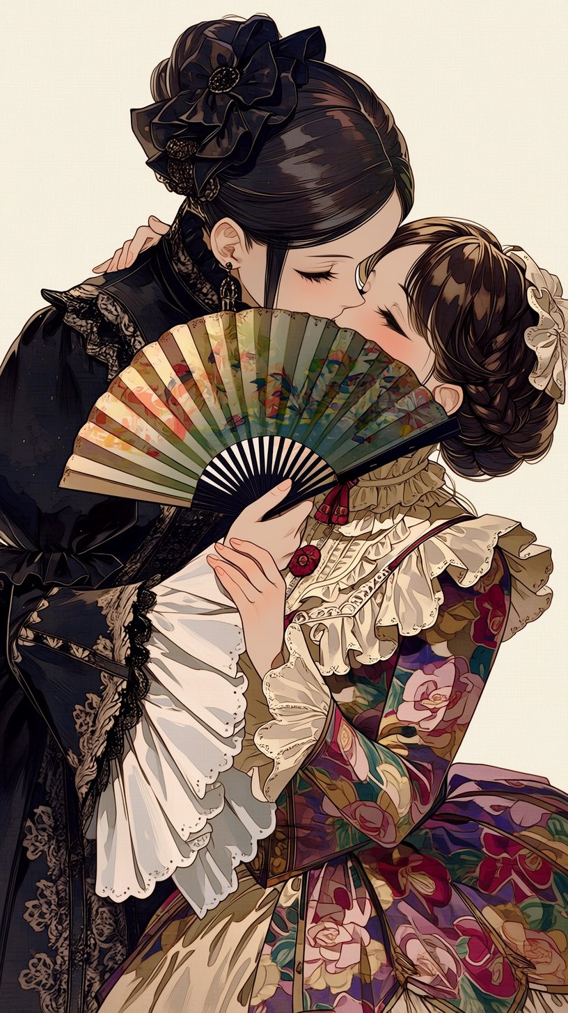 2girls, aoi_itsukushima, black_dress, black_hair, blush, brown_hair, collar, covered_mouth, cowboy_shot, dress, earrings, floral_print, frilled_collar, frilled_dress, frilled_sleeves, frills, hand_on_another's_arm, hand_on_another's_shoulder, height_difference, high_collar, implied_kiss, jewelry, lace-trimmed_dress, lace_trim, multicolored_clothes, multicolored_dress, multiple_girls, original, short_hair, simple_background, white_background, yuri