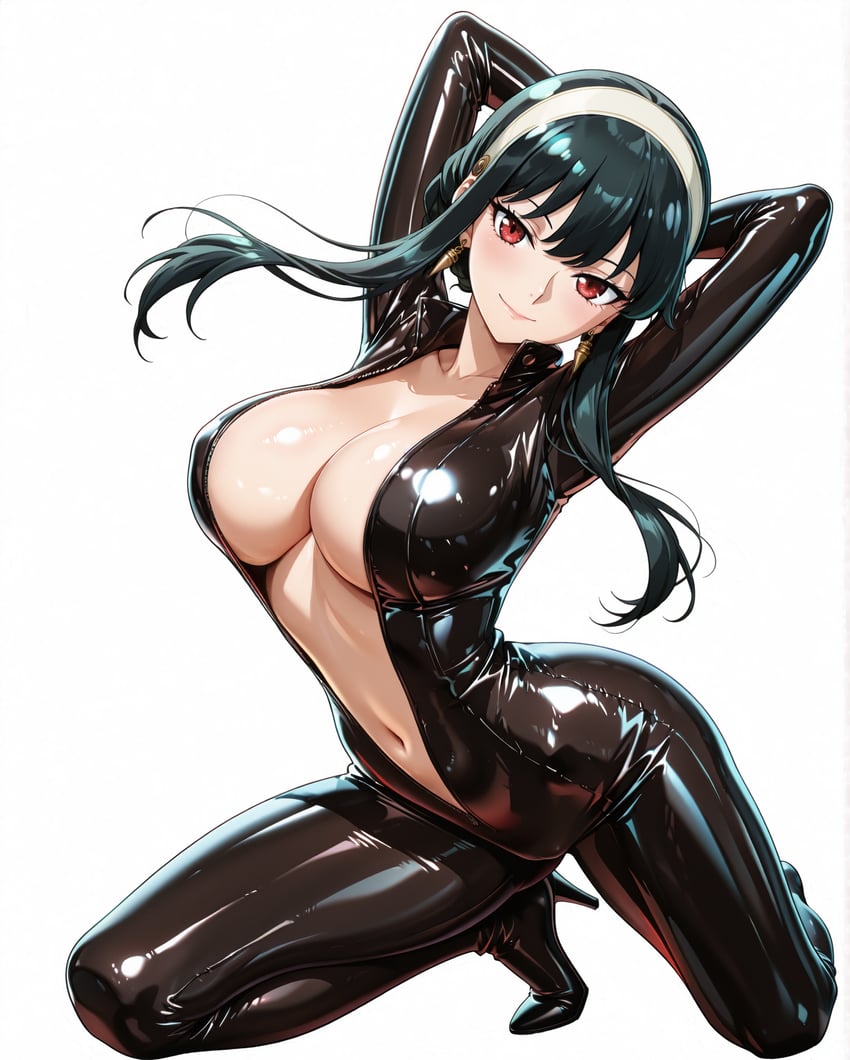 1girl, arms_behind_head, arms_up, asukaiarts, bangs, biker_clothes, bikesuit, black_bodysuit