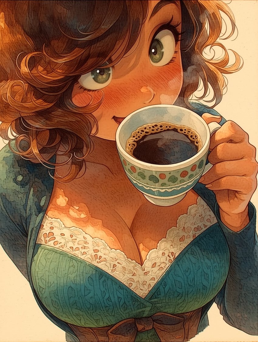 1girl, aivickai, blue_dress, blue_suit, blush, breasts, brown_hair, cleavage