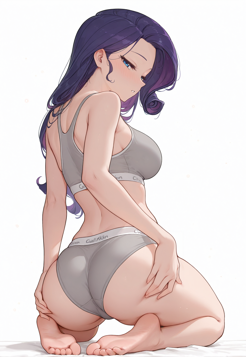 1girl, ass, blue_eyes, blush, breasts, calvin_klein, faux_text, feet