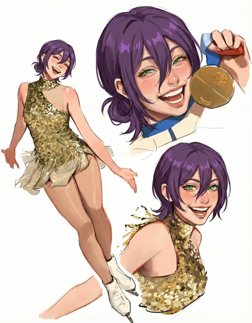 1girl, 2026_winter_olympics, ^_^, alysa_liu, asymmetrical_dress, bare_shoulders, bluemochizz, blush