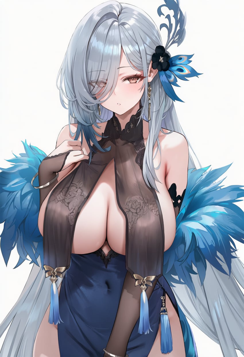 1girl, absurdres, azur_lane, bangle, bare_shoulders, black_flower, blue_dress, blue_ribbon