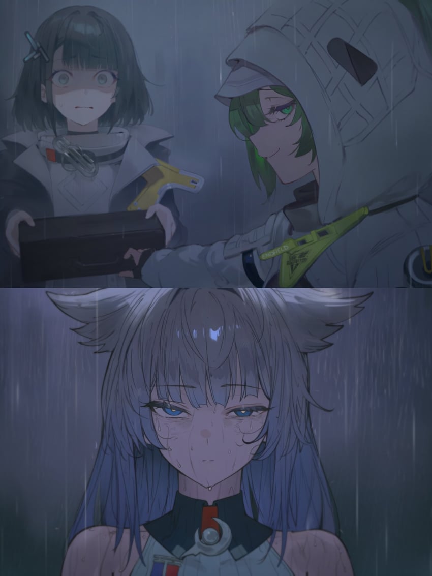 2koma, 3girls, arknights, arknights:_endfield, bare_shoulders, black_hair, black_jacket, blue_eyes