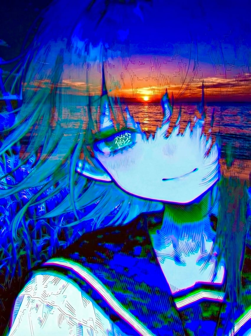 1girl, beach, black_collar, blue_eyes, blue_sky, blush, check_commentary, chromatic_aberration