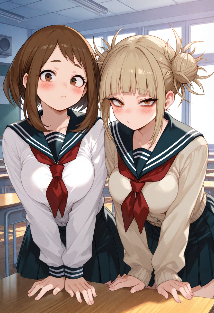 2girls, bad_hands, blonde_hair, blush, bmoso, boku_no_hero_academia, breasts, brown_hair