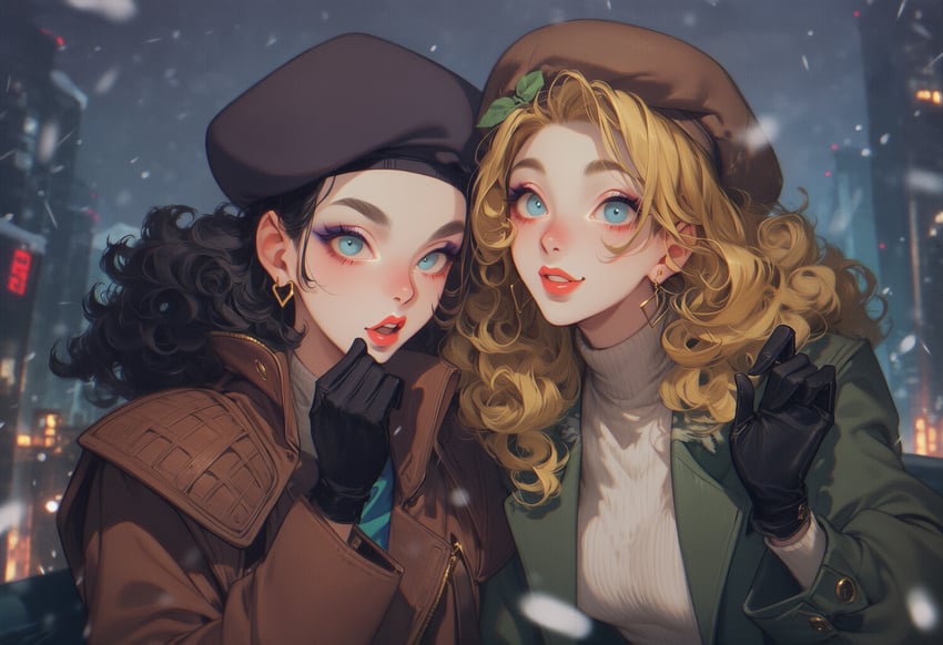 2girls, beret, black_hair, black_headwear, blonde_hair, blue_eyes, character_reference_(novelai), coat