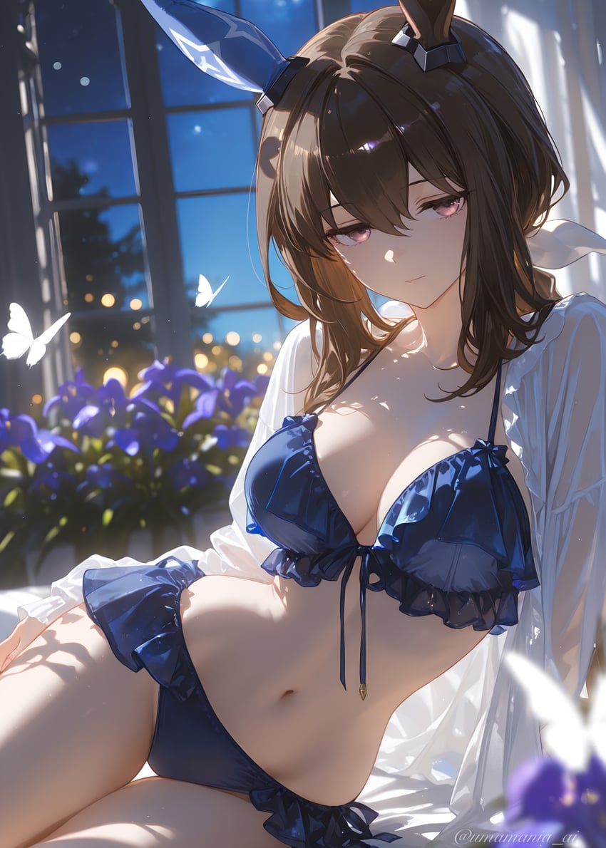 1girl, admire_vega_(umamusume), alternate_costume, animal_ears, bangs, bikini, blue_bikini, blurry