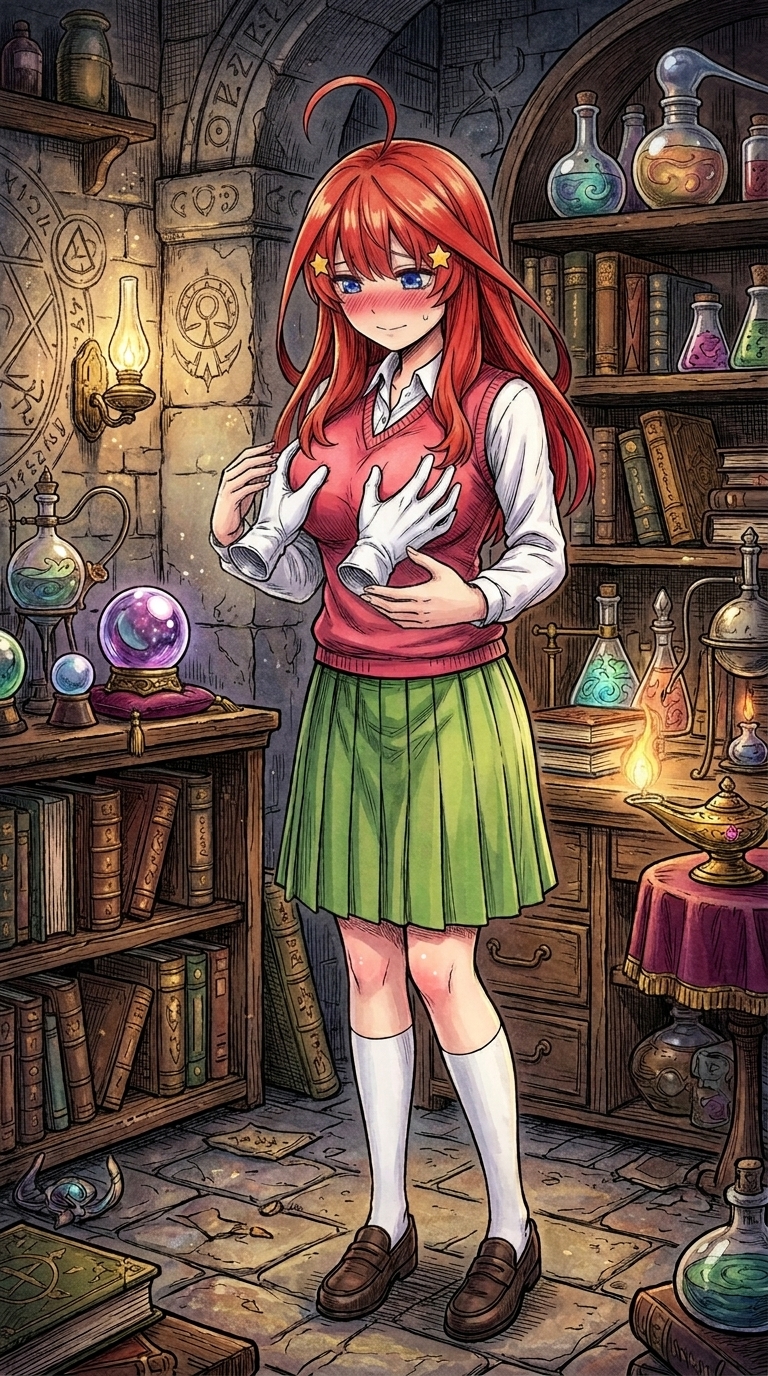 1girl, ahoge, bangs, blue_eyes, blush, book, bookshelf, breasts