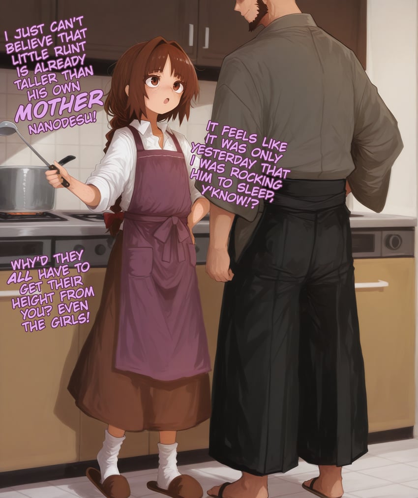 1boy, 1girl, :o, adapted_costume, aged_up, alternate_costume, alternate_hairstyle, apron, bangs, beard, black_pants, body_freckles, bow, braid, brown_eyes, brown_footwear, brown_hair, brown_skirt, chosen-mix_xl, collared_shirt, cooking, cooking_pot, couple, dialogue, dims2_illustrious-xl_personal_merge, drawer, english_commentary, english_text, faceless, faceless_male, facial_hair, flat_chest, freckles, grey_kimono, hair_bow, hair_intakes, hakama, hakama_pants, hand_on_own_hip, highres, holding, holding_ladle, housewife, indoors, japanese_clothes, kimono, kitchen, ladle, long_braid, long_skirt, looking_at_another, looking_up, mature_female, mature_male, messy_hair, non-web_source, open_mouth, pants, parted_bangs, partially_unbuttoned, purple_apron, red_bow, rika_(touhou), rikanon, sandals, self-upload, shirt, single_braid, skirt, sleeves_rolled_up, slippers, socks, talking, touhou, touhou_(pc-98), white_shirt, white_socks, wrinkled_face