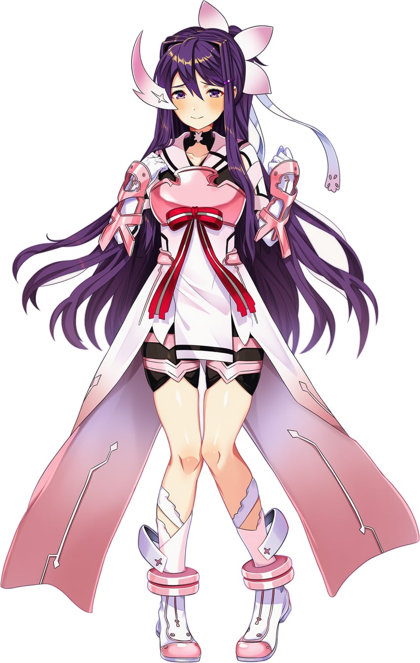 1girl, armor, blush, boots, breastplate, closed_mouth, cosplay, doki_doki_literature_club