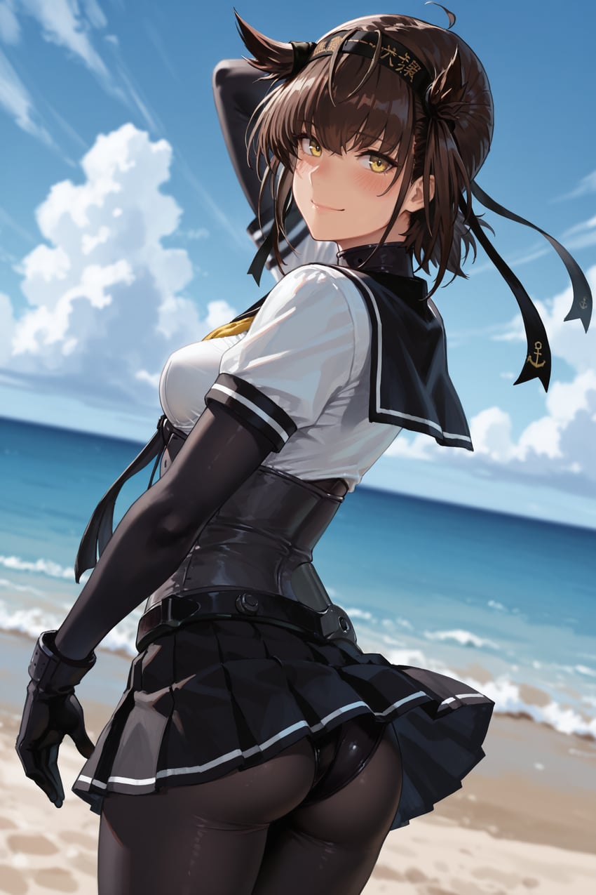1girl, anchor_print, anchor_symbol, arm_behind_head, ass, bangs, beach, belt
