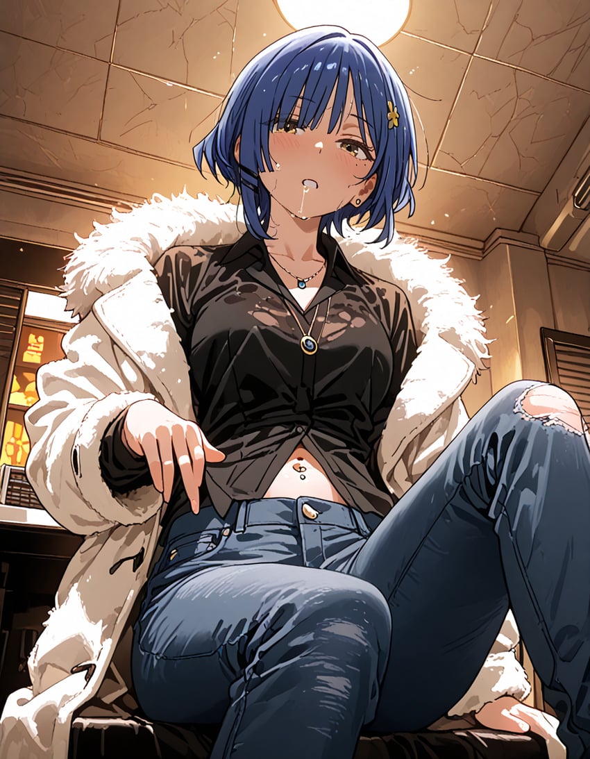 1girl, black_hairclip, black_shirt, blue_hair, blue_pants, bocchi_the_rock!, breasts, ceiling_light