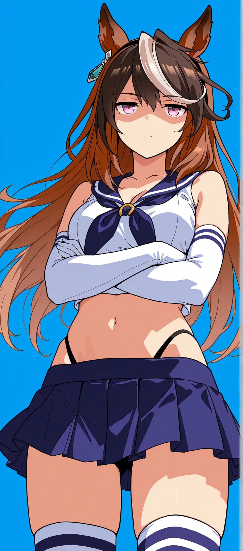 1girl, animal_ears, arms_under_breasts, black_panties, black_thong, blue_neckerchief, blue_sailor_collar, blue_skirt