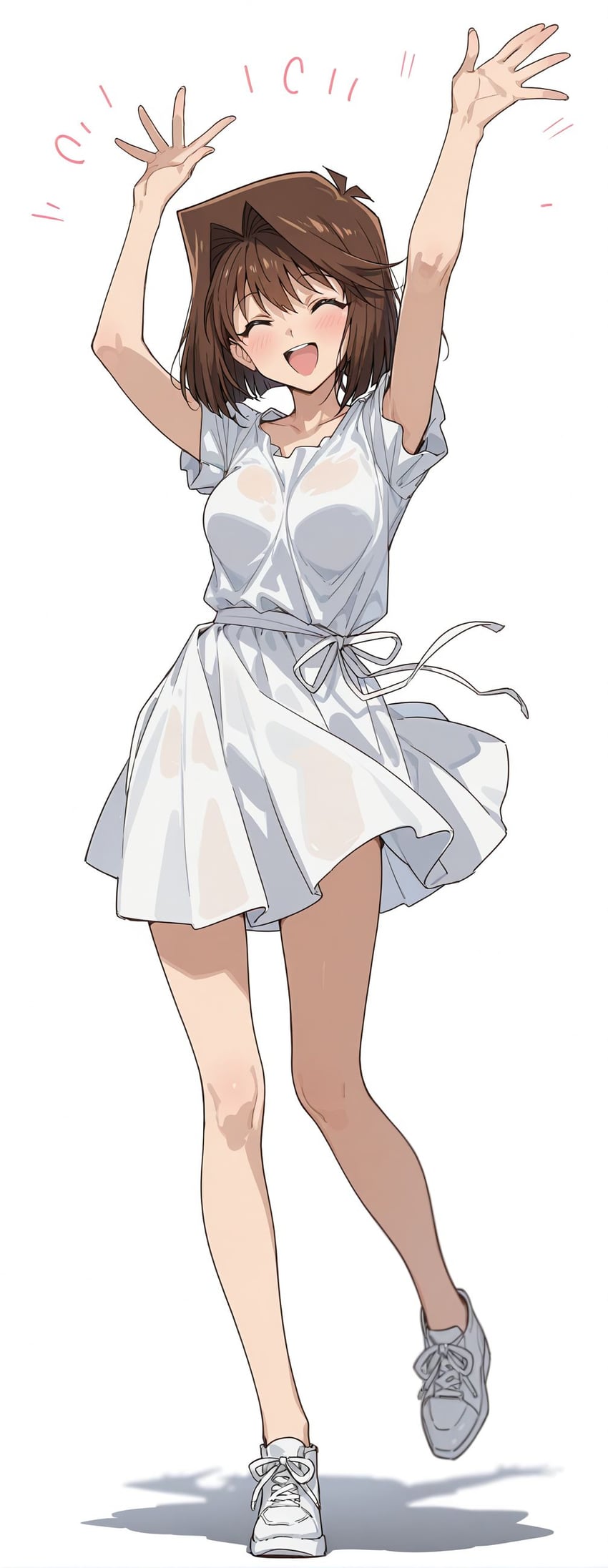 1girl, :d, arms_up, blush, breasts, brown_hair, chinese_commentary, closed_eyes