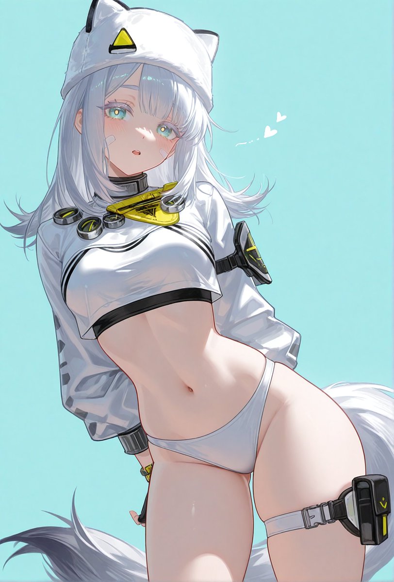 1girl, aqua_background, aqua_eyes, arknights, arknights:_endfield, arms_behind_back, bandaid, bandaid_on_cheek