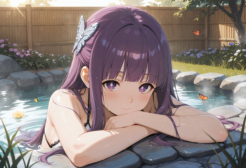 1girl, absurdres, bangs, bikini, blue_butterfly, blunt_bangs, blunt_sidelocks, bug