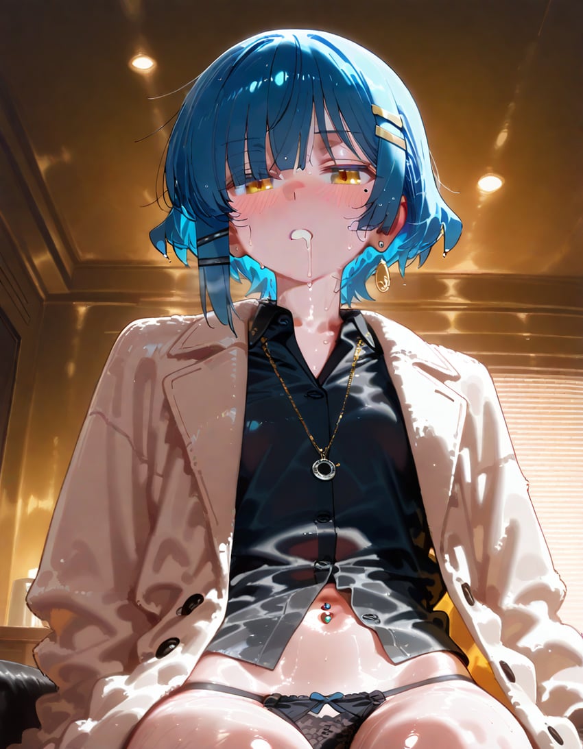 1girl, black_hairclip, black_panties, black_shirt, blue_hair, blush, bocchi_the_rock!, breasts