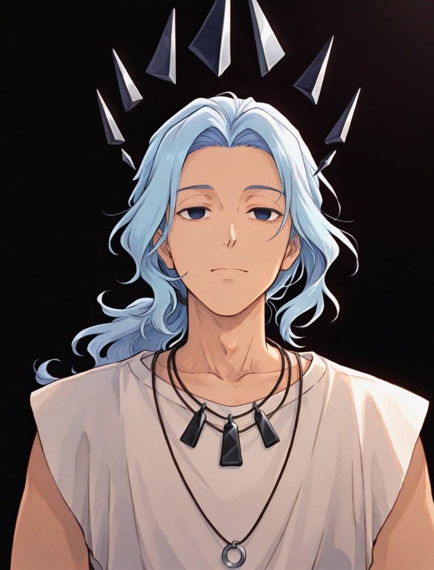 1boy, bangs, black_background, black_halo, blue_eyes, blue_hair, closed_mouth, collarbone, crossover, eldrazi, emilymars, empty_eyes, expressionless, glint, hair_tie, halo, jewelry, kozilek_butcher_of_truth, long_hair, looking_at_viewer, low_ponytail, magic_the_gathering, male_focus, necklace, parted_bangs, ponytail, possessed, self-upload, shirt, sidelighting, sidelocks, simple_background, sleeveless, sleeveless_shirt, solo, straight-on, upper_body, versus_(one), white_shirt, wind, zaybi_(versus)