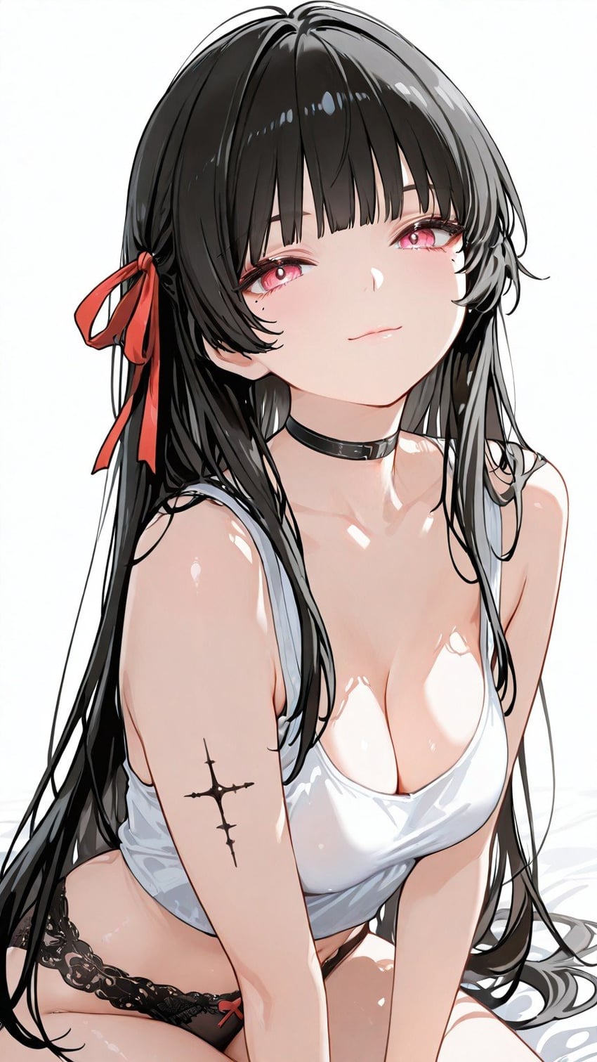 1girl, bangs, bare_arms, bare_shoulders, black_choker, black_hair, black_panties, blunt_bangs